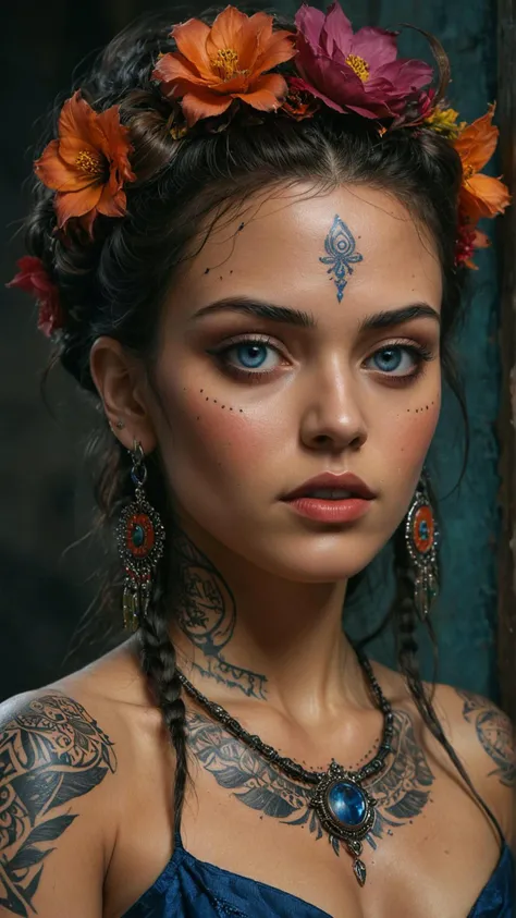 A stunning woman with flowing hair, intricate tribal tattoos, and piercing blue eyes, painted in the style of Frida Kahlo, vibrant colors, surreal elements, 8k, detailed. 
(masterpiece, award winning artwork)
many details, extreme detailed, full of details...