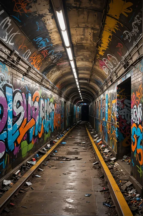 Underground tunnel in a modern subway system, vibrant graffiti on the walls, distant sound of trains, urban and gritty 
(masterpiece, award winning artwork)
many details, extreme detailed, full of details,