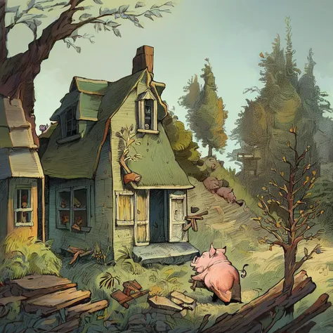 score_9, score_8_up, score_7_up, pig, wearing a dress, house, sticks, tree, by arnold lobel <lora:lobelforpony:1>