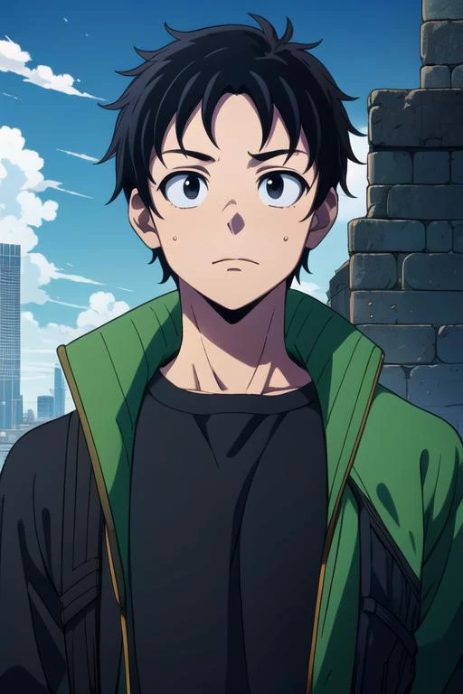 masterpiece, best quality, movie still, 1boy, solo, male focus, looking at viewer, , , anime coloring, realistic, <lora:akira_tendou:0.74>, akira_tendou, black hair, black eyes, wide-eyed, , , The Tower of Destiny, 12k resolution