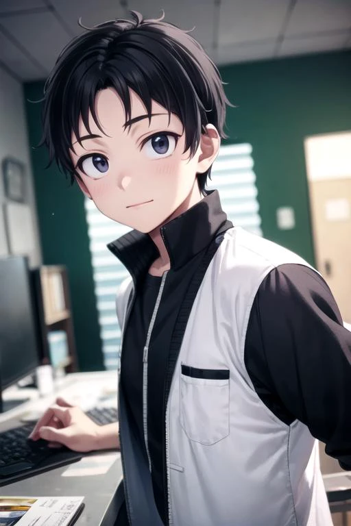 masterpiece, best quality, wallpaper, 1boy, solo, male focus, looking at viewer, upper body, depth of field, anime coloring, , <lora:akira_tendou:0.70>, akira_tendou, black hair, black eyes, wide-eyed, , , science fiction science fantasy,