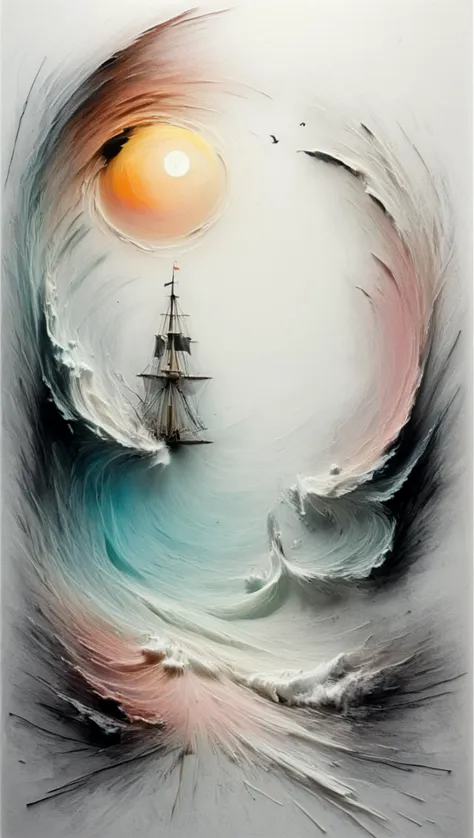 a painting of a ship sailing through a wave with a sun in the background