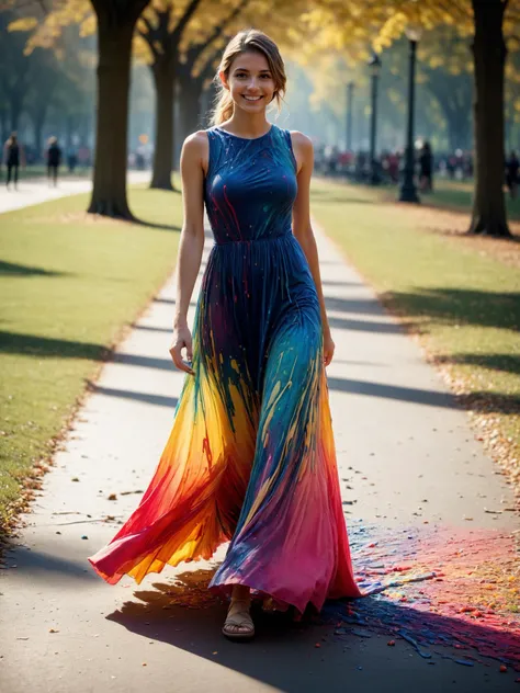 a woman in a colorful dress walking down a path