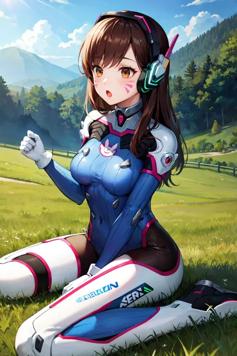 masterpiece, best quality, highres, aahana, long hair, brown hair, headphones, whisker markings, shoulder pads, blue bodysuit, ribbed bodysuit, animal print, clothes writing, long sleeves, white gloves, boots, <lora:d.va_v1:0.8>, outdoors, field, grass, wa...