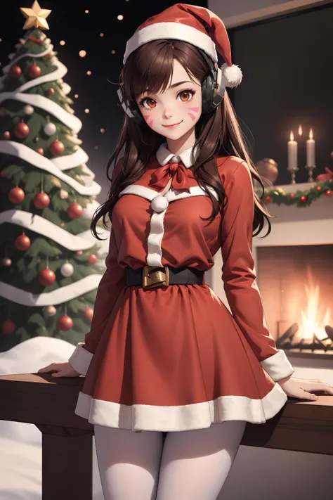 masterpiece, best quality, extremely detailed, absurdres
aahana, long hair, brown hair, headphones, whisker markings, red Christmas_dress, pantyhose, sweet smiles, santa hat
 <lora:d.va_v1:0.6>
standing, Christmas tree,