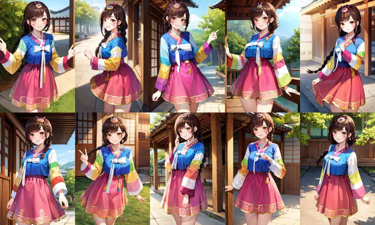 masterpiece, best quality, highres, bbhana, long hair, brown hair, single braid, hair ornament, whisker markings, korean clothes, hanbok, long sleeves, striped sleeves, pink skirt, <lora:d.va_v1:0.8>, outdoors, standing, smile, cowboy shot,