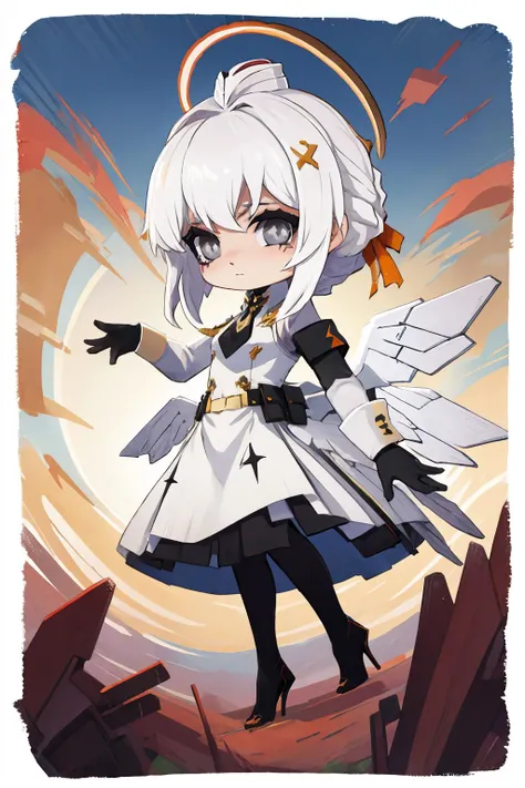 (masterpiece, best quality:1.2), border, chibi, solo, 1girl, livempyrea, expressionless, looking at viewer, mechanical halo, garrison cap, white hair, hair ribbon, sidelocks, grey eyes, braid, collared dress, white dress, long dress, short necktie, long sl...