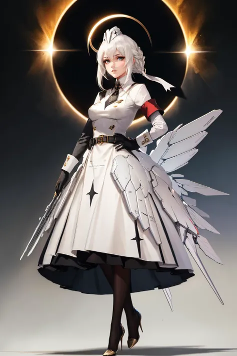 (masterpiece, best quality:1.2), solo, 1girl, livempyrea, expressionless, looking at viewer, mechanical halo, garrison cap, white hair, hair ribbon, sidelocks, grey eyes, braid, collared dress, white dress, long dress, short necktie, long sleeves, white sl...