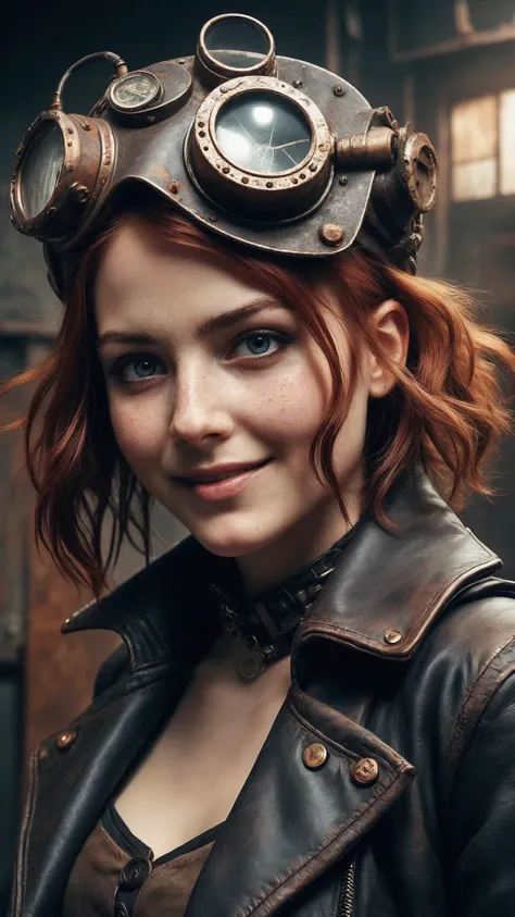 DonM0ccul7Ru57XL, Photograph of a steampunk woman looking at the camera, lightly freckled face, short layered red hair, smiling, perfect teeth, leather jacket, goggles on her rusty top hat, in a dark rusty room with lots of computer screens and rusty elect...