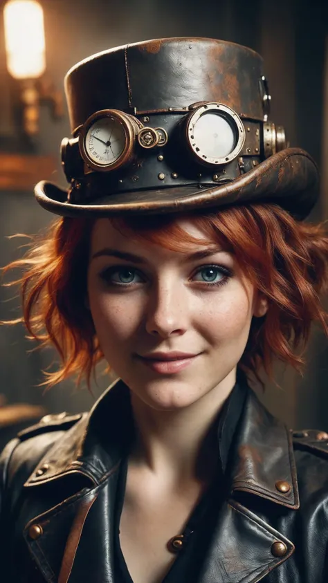 DonM0ccul7Ru57XL, Photograph of a steampunk woman looking at the camera, lightly freckled face, short layered red hair, smiling, perfect teeth, leather jacket, goggles on her rusty top hat, in a dark rusty room with lots of computer screens and rusty elect...