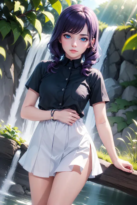 a woman with purple hair and a black shirt posing in front of a waterfall