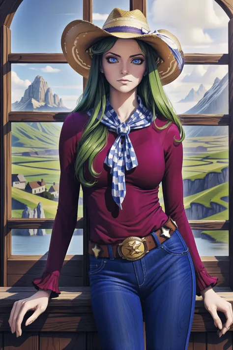 a woman with green hair and a cowboy hat standing in front of a window