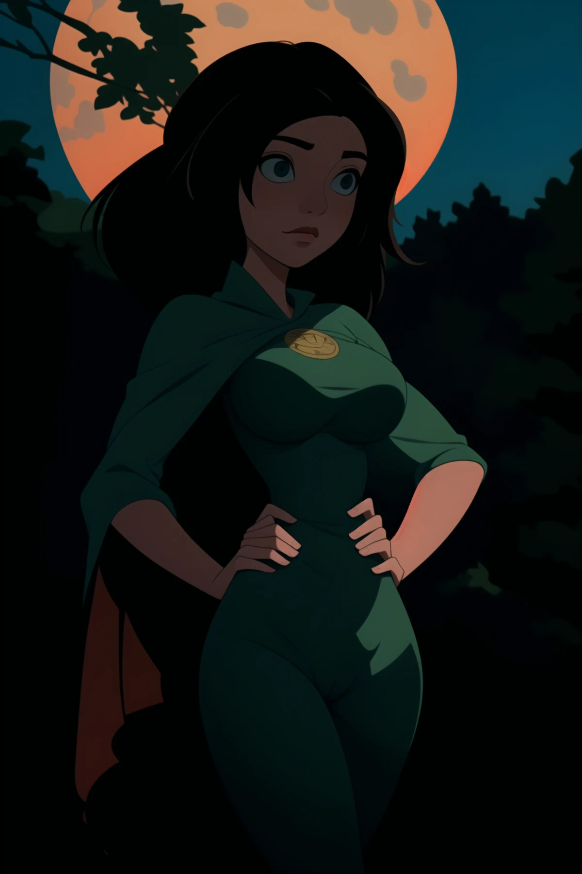 a cartoon of a woman in a green dress standing in front of a full moon