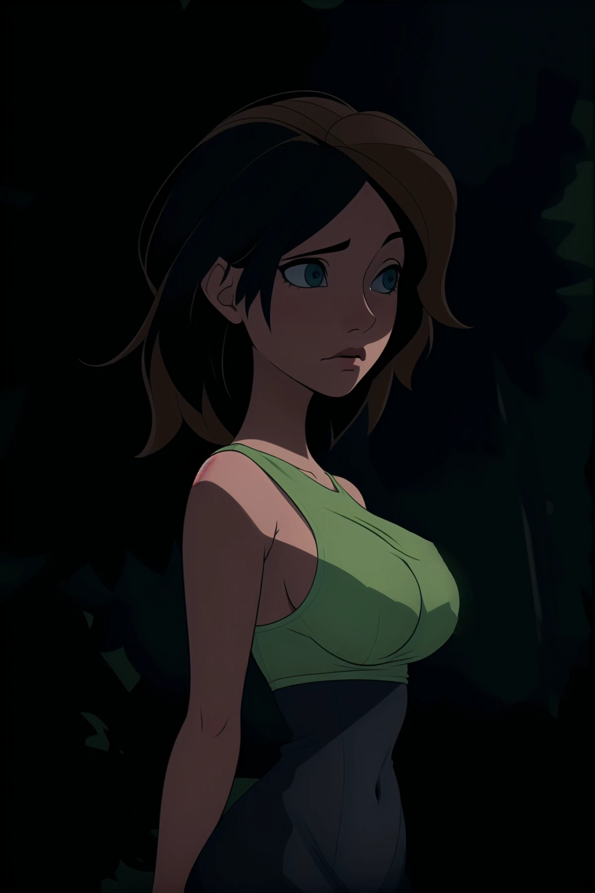 a woman in a green top standing in the dark