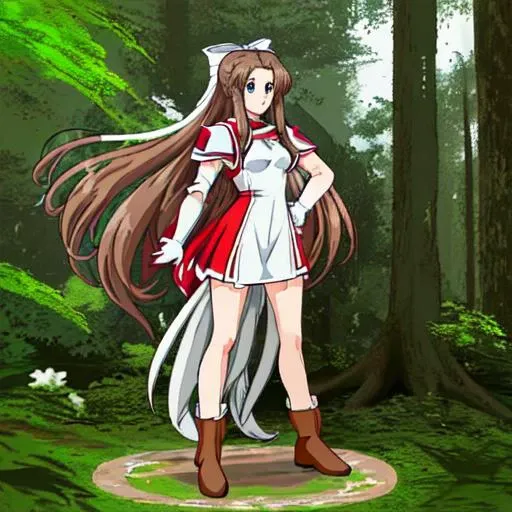 <lora:Karin-10:1>outdoor,forest,high quality,Masterpeace,Karin, 1girl, solo, long hair, blue eyes,brown hair,white gloves,low-tied long hair,white hair bow,white dress,MINIDRESS, red Shoulder Armor,brown boots, full body,standing,hand on hip