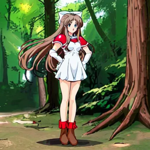 <lora:Karin-10:1>outdoor,forest,high quality,Masterpeace,Karin, 1girl, solo, long hair, blue eyes,brown hair,white gloves,low-tied long hair,white hair bow,white dress,MINIDRESS, red Shoulder Armor,brown boots, full body,standing,hand on hip