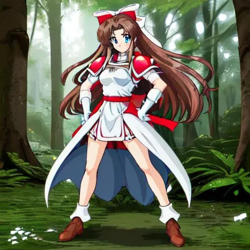 <lora:Karin-10:1>outdoor,forest,high quality,Masterpeace,Karin, 1girl, solo, long hair, blue eyes,brown hair, gloves, white gloves,low-tied long hair,white hair bow,white dress, red Shoulder Armor,full body,standing,hand on hip