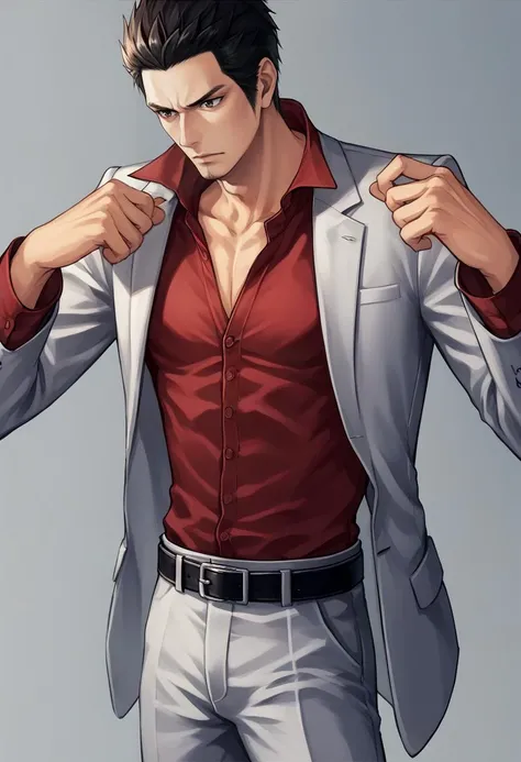 score_9, score_8_up, score_7_up, source_anime BREAK 1boy, solo, male focus, <lora:kiryukazuma-guy-PONYv1:1> kiryukazuma, red shirt, jacket, formal, suit, pants, belt