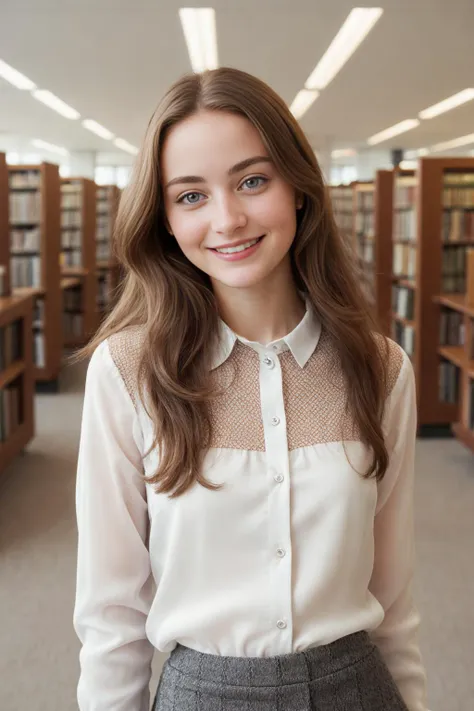 a woman in a white shirt and grey skirt standing in a library