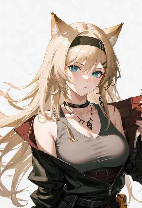 best quality, masterpiece, highres, solo, {horn_arknights:0.90}, 1girl, grey_tank_top, bare_shoulders, looking_at_viewer, black_choker, upper_body, simple_background, black_jacket, grey_shirt, hairclip, necklace, white_background, aqua_eyes, off_shoulder