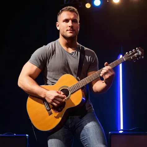 arafed man playing a guitar on stage with a blue light