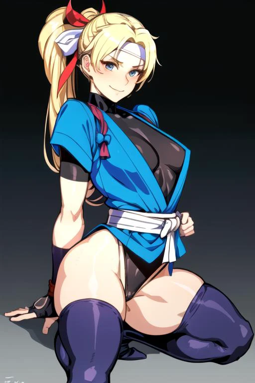 best quality,high resolution,extremely detailed CG, detailed face,<lora:RachealMC-DocStasis:0.7> RachealMC, blonde hair,blue robe/dougi , black top/thong/turtleneck, white belt, red ribbon, fingerless gloves, long boots, white headband, ponytail,tabi,<lora...