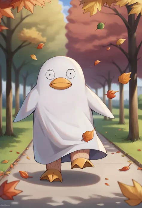 a cartoon penguin walking down a path in a park