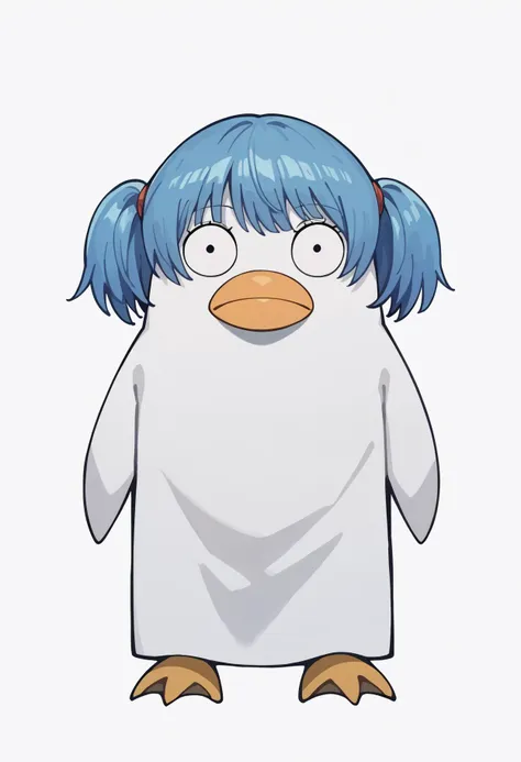 a cartoon penguin with blue hair and a white shirt