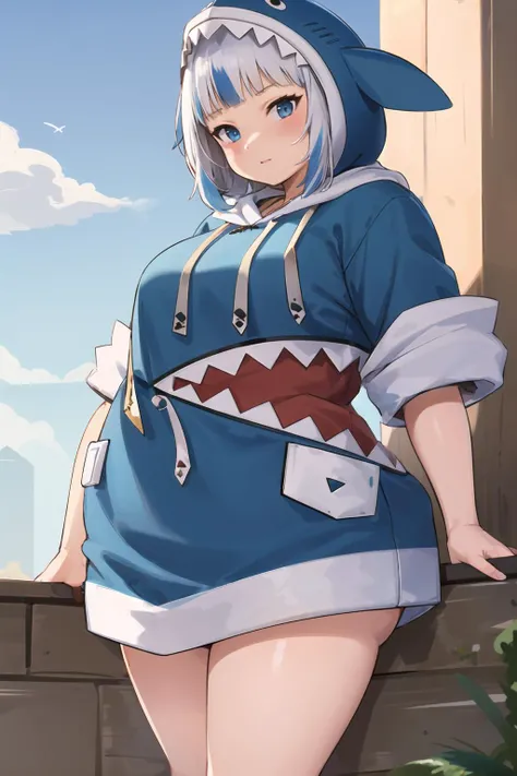 masterpiece, best quality,1girl, <lora:obeseGirlsConcept_v10:0.8>,WeightChubby, <lora:gawrGuraHololiveAll_v4AllOutfits:0.8>,gawr gura, blue hoodie, shark hood,