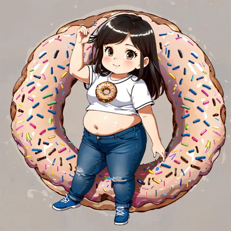 full body, (sticker:1.2), (vector:1.5), cute girl, thick thighs, (jeans),love handles, (donut:1.6), deep belly button, hand on belly, kawaii, chibi <lora:obeseGirlsConcept_v10:0.5>, (best quality), (masterpiece, 4k ,ultra detailed:1.2)