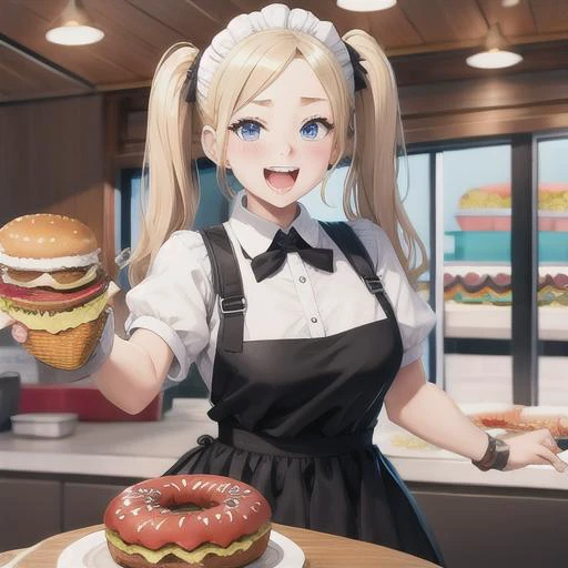 1girl, solo, maid outfit, blonde twin pigtails hair, blue eyes,
(conveyor belt leading to mouth, pov, donuts on conveyor belt, hungry girl with mouth on conveyer belt, feeding machine, open mouth, close up portrait, indoors,food production factory:1),(extr...