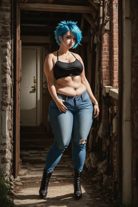 full body portrait, belly, (chubby:1.1), jeans, from_front, short spiky blue hair, knee-high boots, <lora:Fat:0.45>, (best quality), (masterpiece:1.2), 4k ,(ultra detailed:1.2)