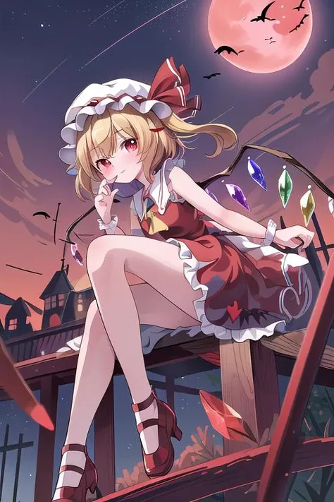 masterpiece, best quality,ultra detail, Flandre_Scarlet_Touhou,red shoes,1girl, blonde hair, wings, red eyes, looking at viewer, blush, hat, crystal, one side up, ribbon, <lora:Flandre_Scarlet_Touhou:0.7>,night sky,red moon,evil smile,flying sky,floating a...