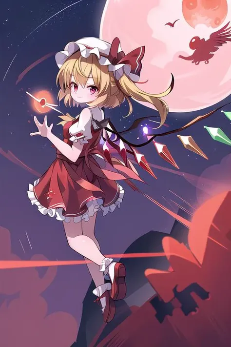 masterpiece, best quality,ultra detail, Flandre_Scarlet_Touhou,red shoes,1girl, blonde hair,wings, red eyes,hat,crystal, one side up, ribbon, <lora:Flandre_Scarlet_Touhou:0.7>,night sky,red moon,evil smile,flying sky,floating air,from back,stylish pose