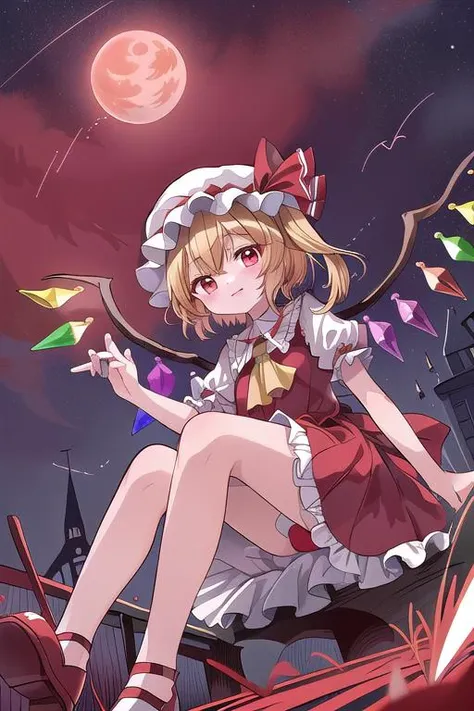 masterpiece, best quality,ultra detail, Flandre_Scarlet_Touhou,red shoes,1girl, blonde hair, wings, red eyes, looking at viewer, blush, hat, crystal, one side up, ribbon, <lora:Flandre_Scarlet_Touhou:0.7>,night sky,red moon,evil smile,flying sky,floating a...