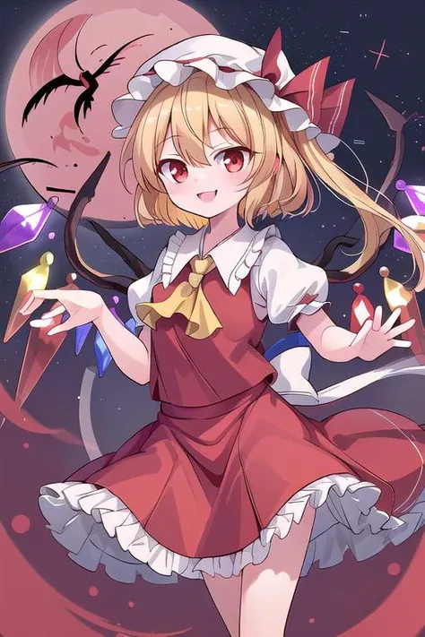 masterpiece, best quality,ultra detail, Flandre_Scarlet_Touhou,1girl, blonde hair,wings, red eyes,hat,crystal, one side up, ribbon, <lora:Flandre_Scarlet_Touhou:0.7>,night sky,red moon,evil smile,flying sky,floating air,close up,stylish pose