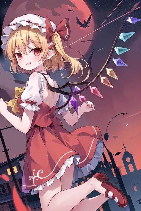 masterpiece, best quality,ultra detail, Flandre_Scarlet_Touhou,red shoes,1girl, blonde hair,wings, red eyes,hat,crystal, one side up, ribbon, <lora:Flandre_Scarlet_Touhou:0.7>,night sky,red moon,evil smile,flying sky,floating air,from back,stylish pose