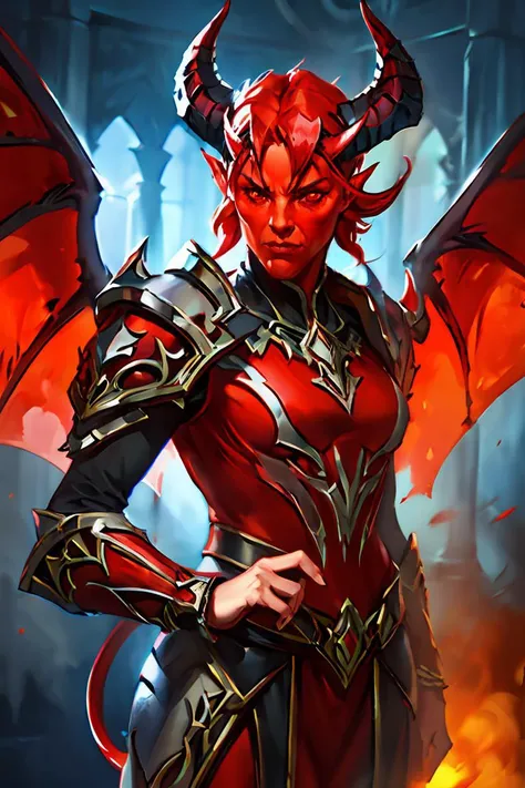 oil painting,masterpiece, best quality, original, official art,1man, cowboy shot of devil female, red skin, demon wings, demon tail, demon horns, armor, looking at viewer, volumetric lighting,  intricate details, tonemapping, sharp focus, very detailed, tr...