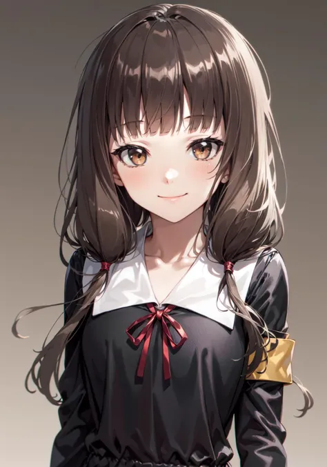 8k,best quality, highres, looking at viewer, simple background, upperbody,
bbmiko, long hair, low twintails, blunt bangs, collarbone, neck ribbon, red ribbon, black dress, black shirt, long sleeves, black sleeves, armband, smile,
<lora:iino_miko_v1:0.7>