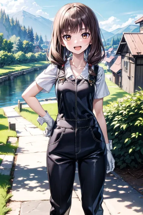 (masterpiece, best quality, detailed), 1girl, solo, bbmiko, long hair, low twintails, blunt bangs,
overalls, white shirt, short sleeves, white gloves, outdoors, house, rural, village, scenery, path, river, bridge, arms on hips, open mouth, smile