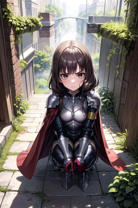 (masterpiece, best quality, detailed), 1girl, solo, bbmiko, long hair, low twintails, blunt bangs, small breasts,
armor, breastplate, shoulder armor, gloves, armored dress, cape, ruins, overgrown, rubble, pillar, outdoors, building, light rays, fog, squatt...