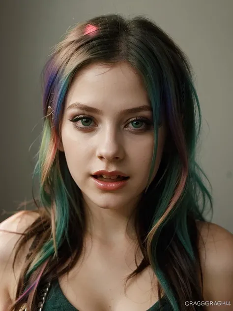 A beautiful 4vr1ll woman,1girl,solo,long hair,looking at viewer,open mouth,green eyes,multicolored hair,green hair,lips,eyelashes,makeup,lipstick,portrait,realistic,soft lighting, professional Photography, Photorealistic, detailed, RAW, analog, sharp focus...