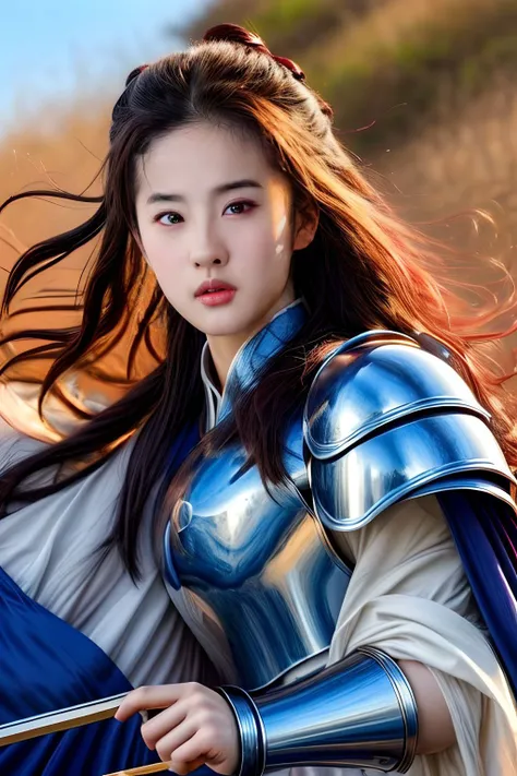 liuyifei   ,<lora:liuyifei_dragon_mj7_4:0.4>long shot, messy hair, complex and expensive Chinese_armor, solo,shoulder_armor,blue_sky,detailed_eyes,looking at viewer,masterpiece, best quality, perfect eyes, perfect face, perfect lighting, 8K,perfect anatomy...