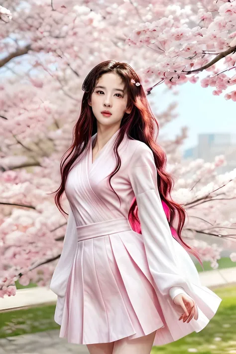 liuyifei   ,<lora:liuyifei_dragon_mj7_4:0.4>pink eyes, pink and white, sakura leafs, vivid colors, white dress, paint splash, simple background, ray tracing, wavy hair<lora:epi_noiseoffset2 (1):1> <lora:more_details (1):1>,photorealistic, detailed clothing...