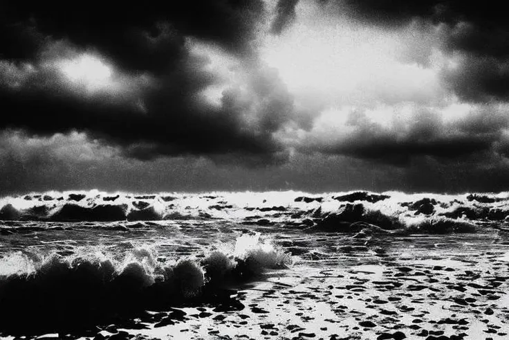 a black and white photo of a wave breaking on the beach