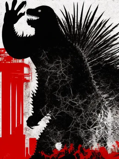 vktr, Vktrmzlk, in the style of vktr, in the style of Vktrmzlk, godzilla, factories, red, white