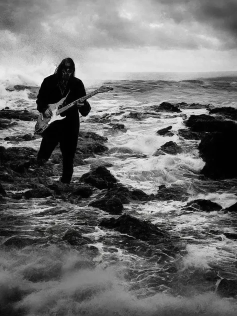 arafed man playing guitar on a rocky beach with waves crashing in the background