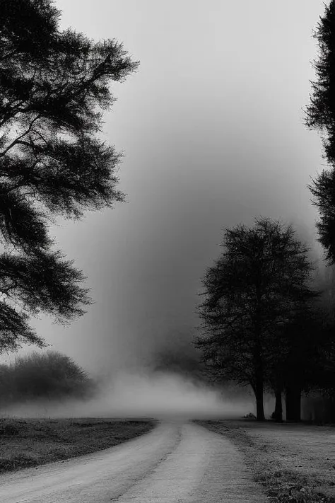 a black and white photo of a road with trees on both sides