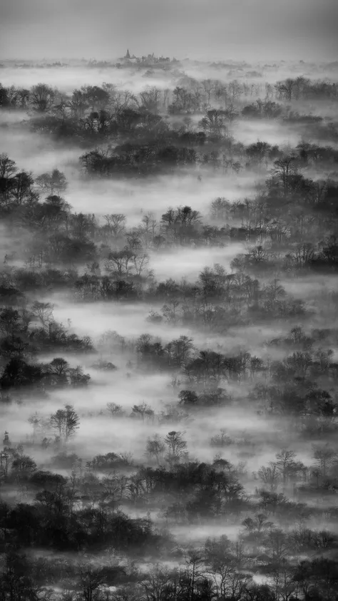 a black and white photo of a foggy forest