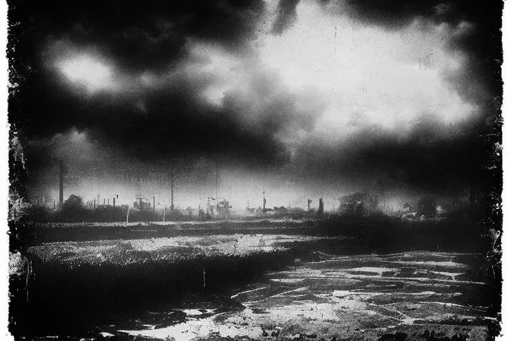 a black and white photo of a river with a sky in the background